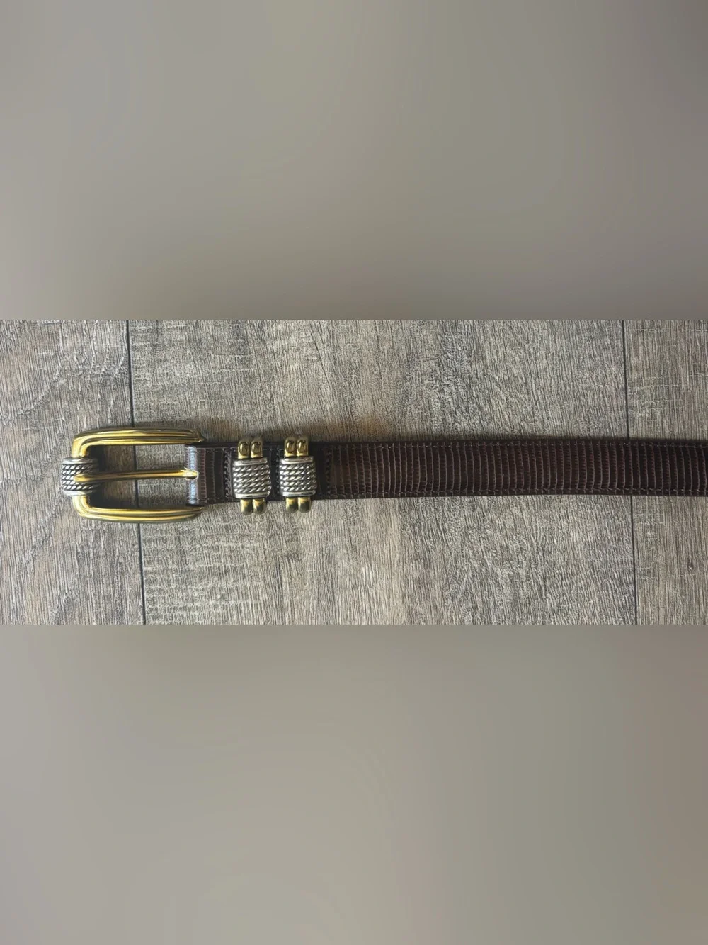 Brighton women’s size 34 brown reptile embossed texture and two-tone buckle belt